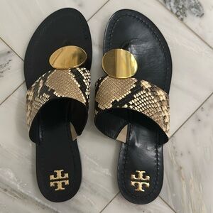 Tory Burch 9.5 snake skin sandal with gold accent
